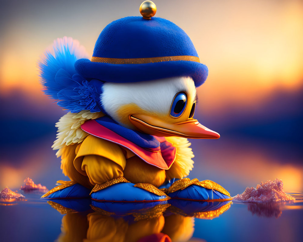 Cartoon duckling in blue hat at sunset by water