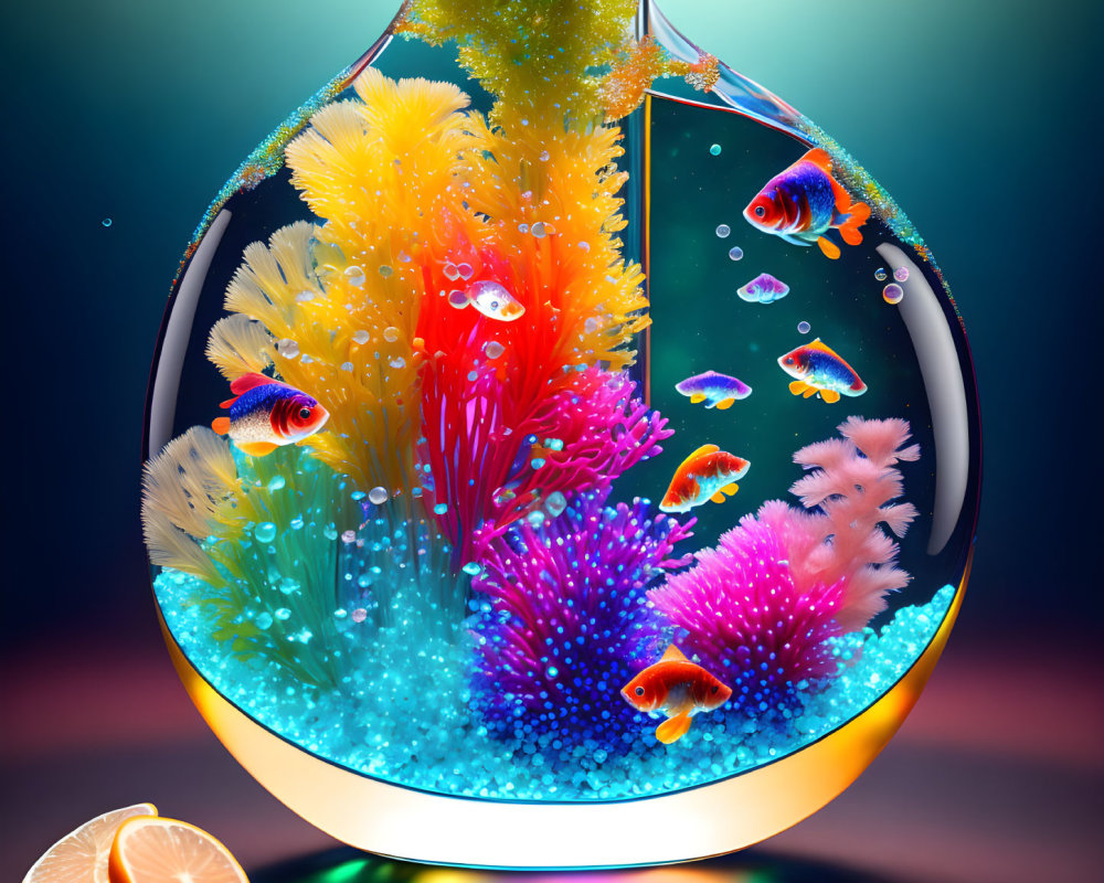 Colorful Fishbowl with Exotic Fish, Neon Coral, and Sliced Orange