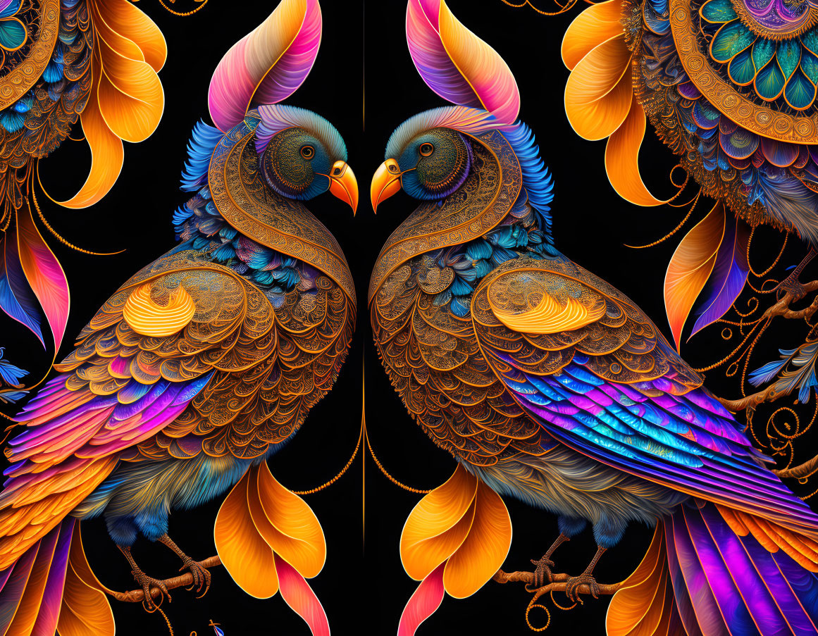 Colorful digital artwork featuring stylized birds with intricate feathers on a dark background.