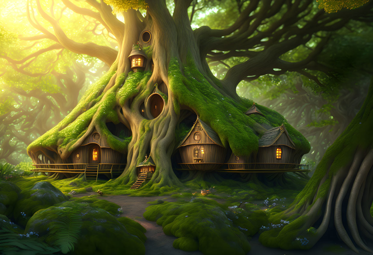 Whimsical tree illustration with cozy house in lush greenery