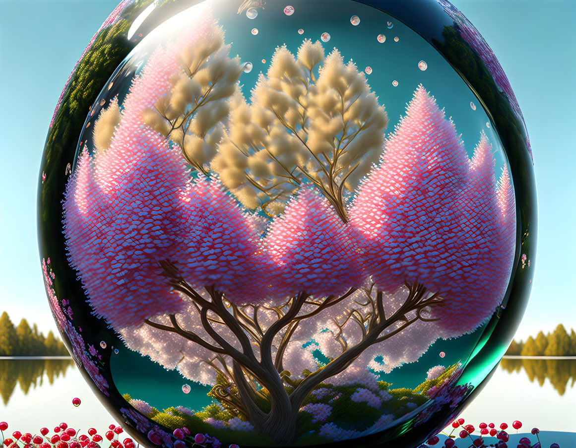 Colorful reflective sphere with whimsical pink tree by serene lake