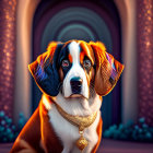 Regal Dog with Striking Eyes and Gold Necklace by Ornate Arched Doorway