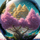 Colorful reflective sphere with whimsical pink tree by serene lake