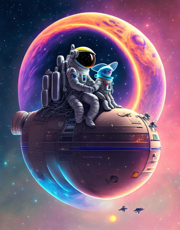 Astronaut and Dog in Spacesuit on Spherical Spaceship with Cosmic Background