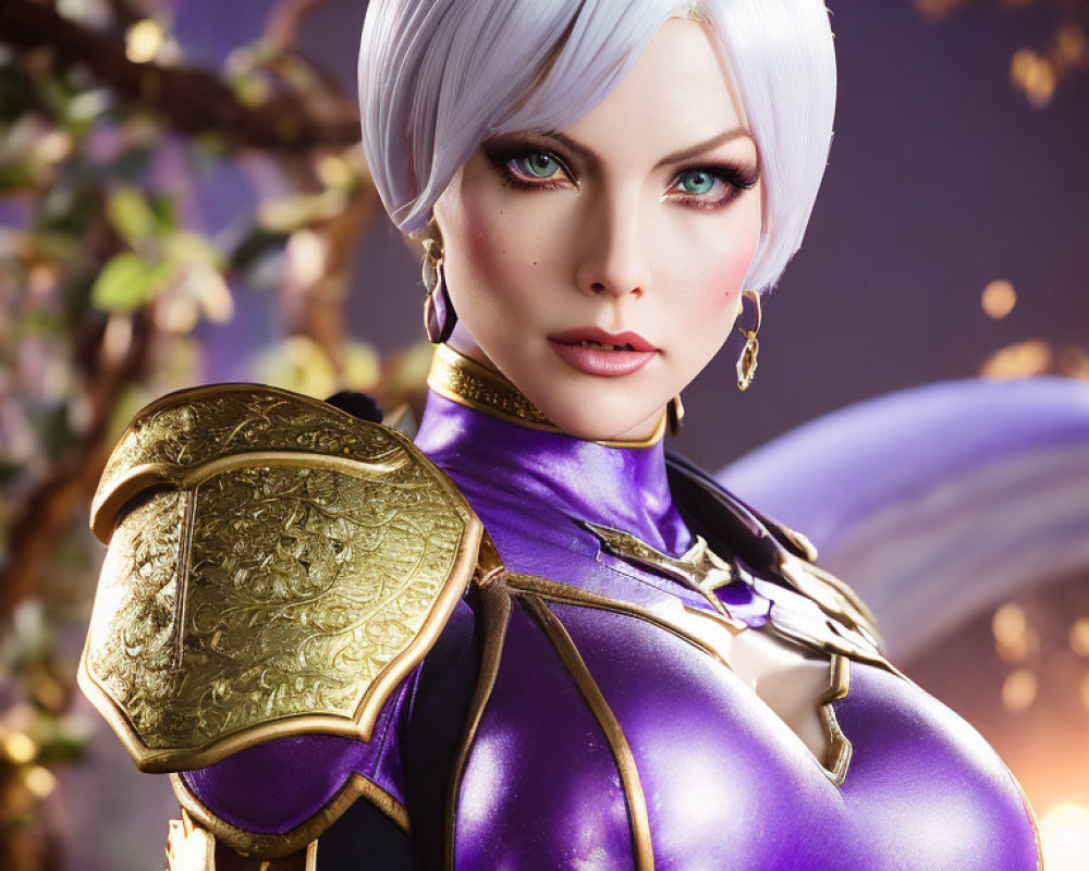 Digital artwork: Woman with short white hair and blue eyes in purple and gold armor against soft-focus background