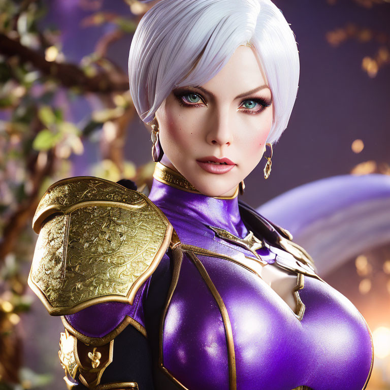 Digital artwork: Woman with short white hair and blue eyes in purple and gold armor against soft-focus background