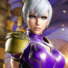 Digital artwork: Woman with short white hair and blue eyes in purple and gold armor against soft-focus background