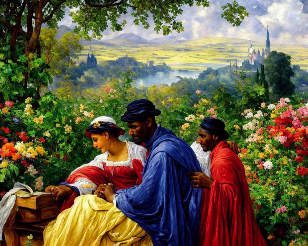 Three people in period clothing examining a book in a vibrant floral setting.