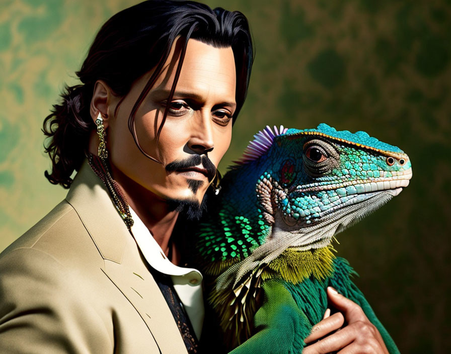 Man in Green Suit Holds Colorful Iguana on Textured Background