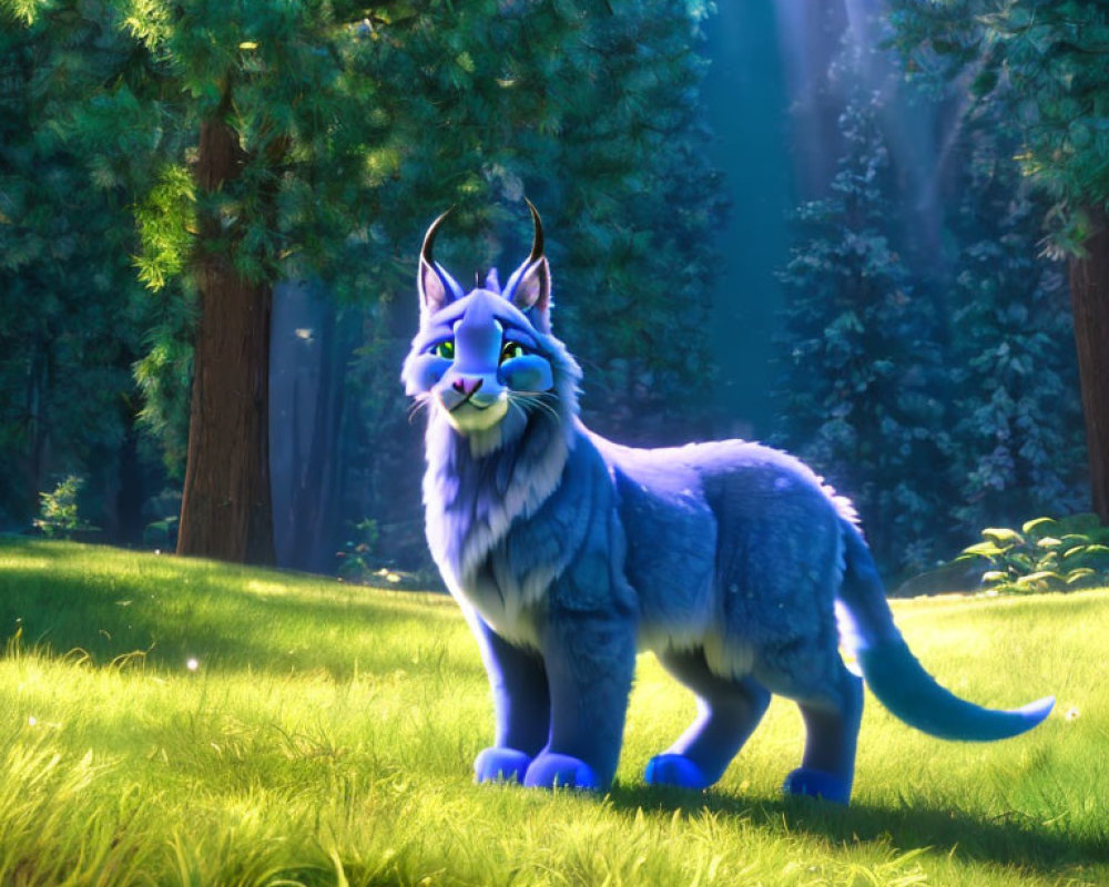 Blue-furred lynx with yellow eyes in sunny forest clearing