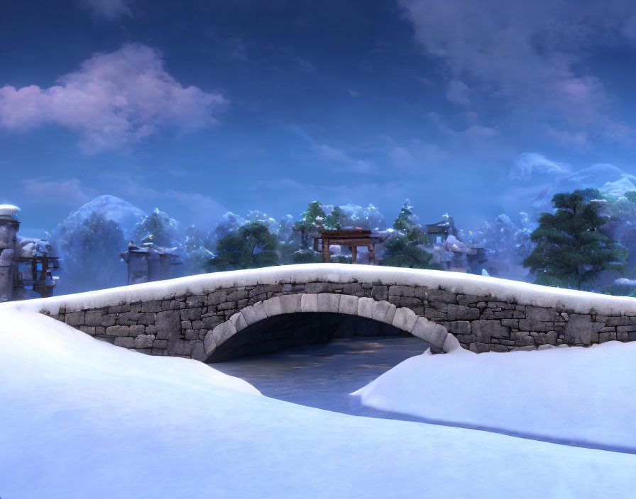 Snowy landscape with stone bridge over frozen river at twilight