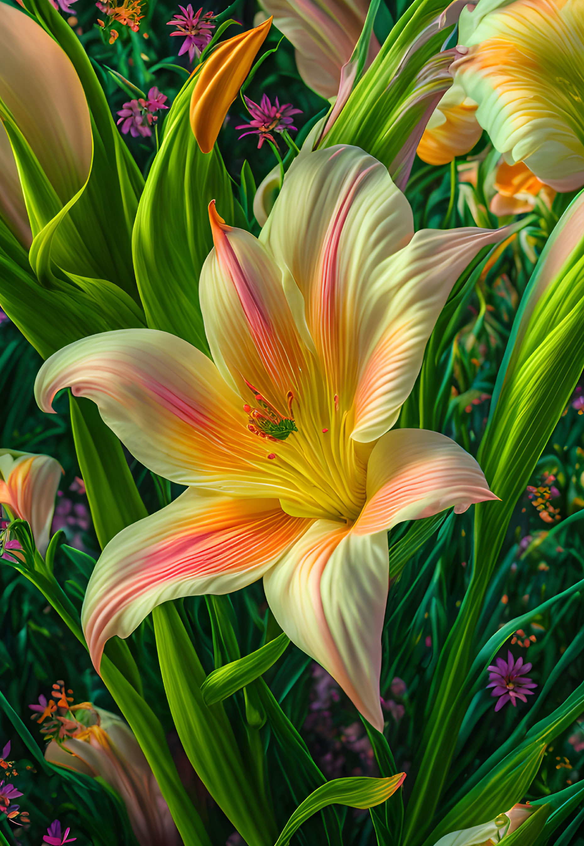 Close-up of vibrant yellow and pink lily with lush foliage and colorful flowers