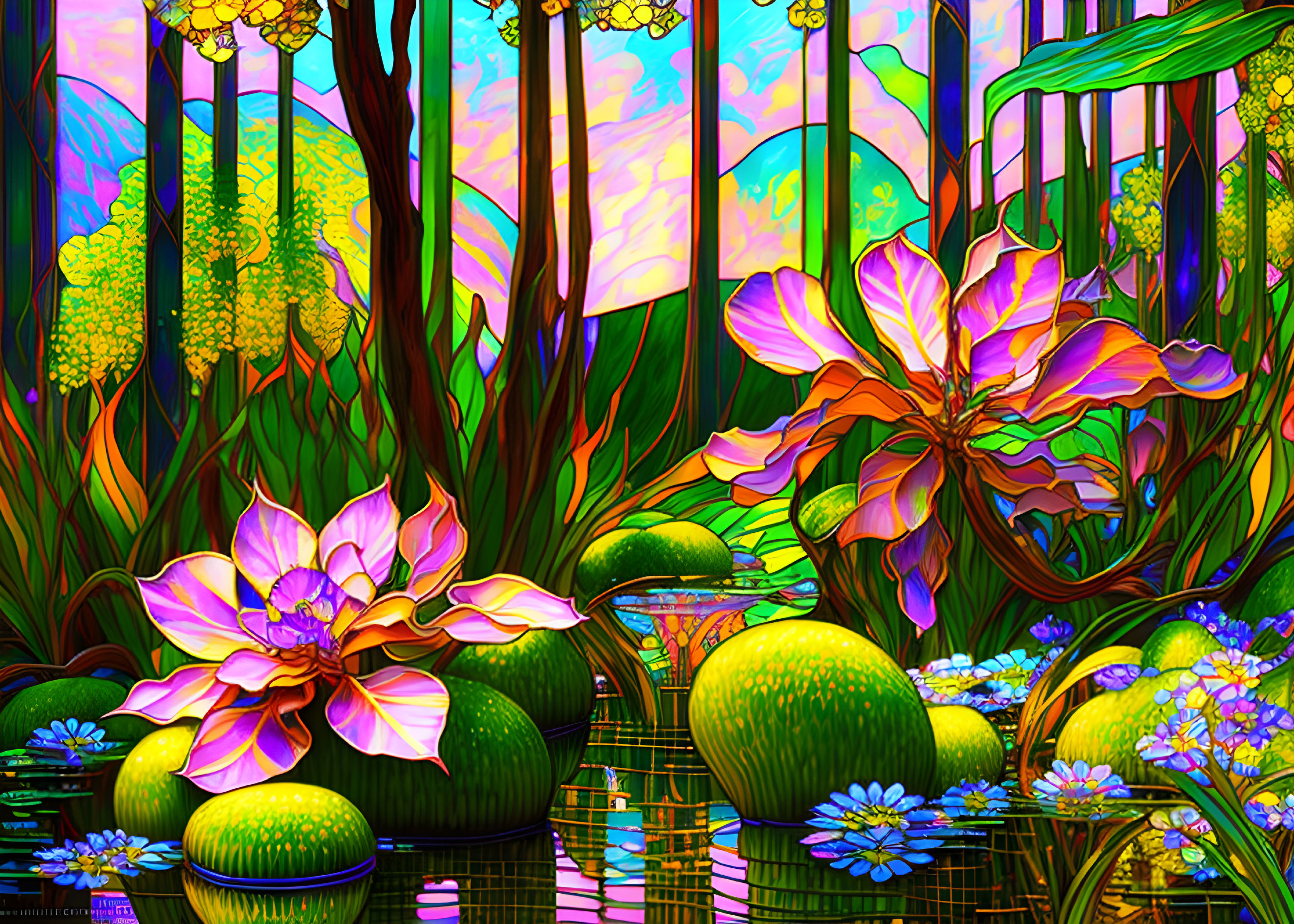 Colorful pond scene with lotus flowers, bamboo, and trees