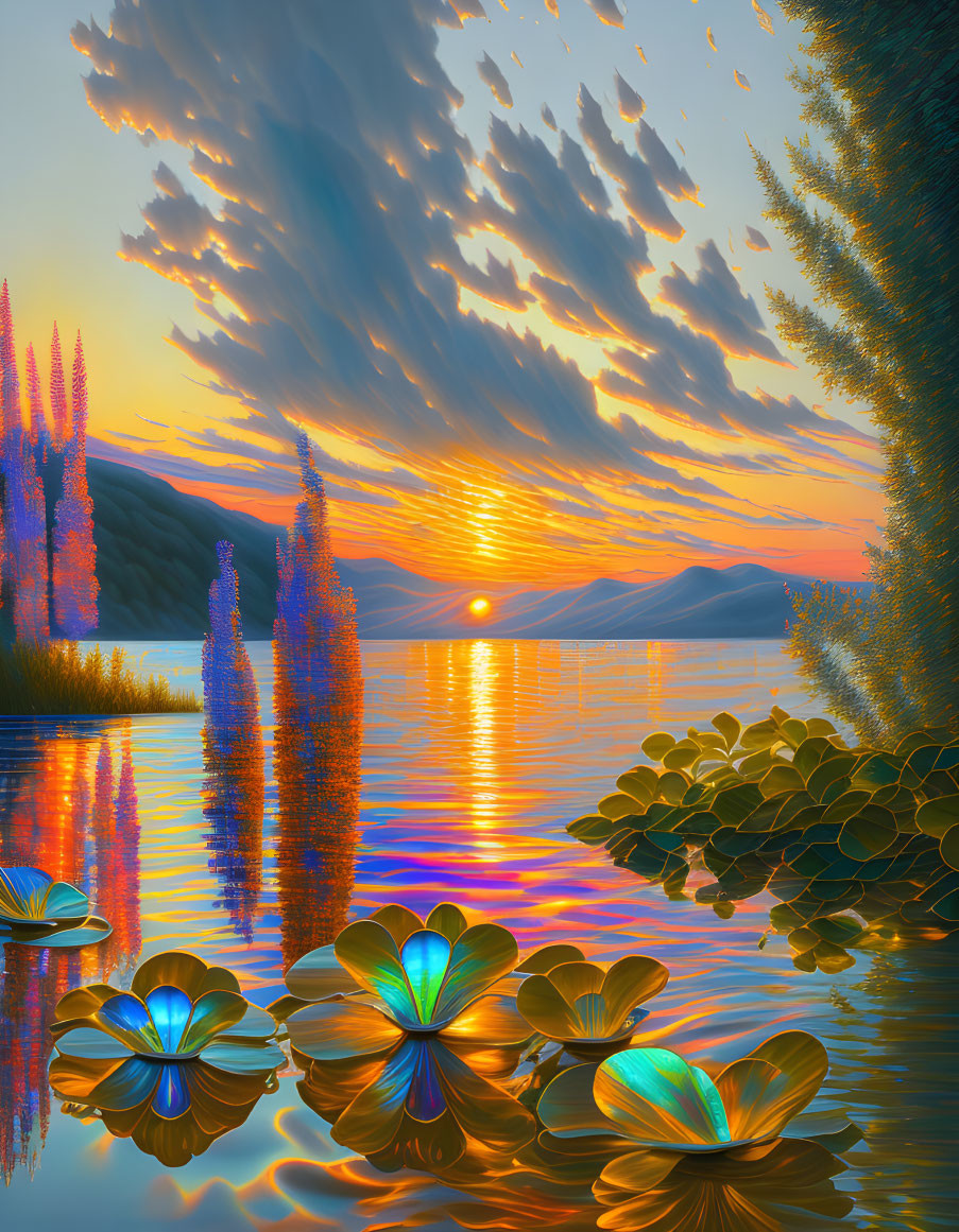 Scenic sunset over tranquil lake with blue flowers and mountains