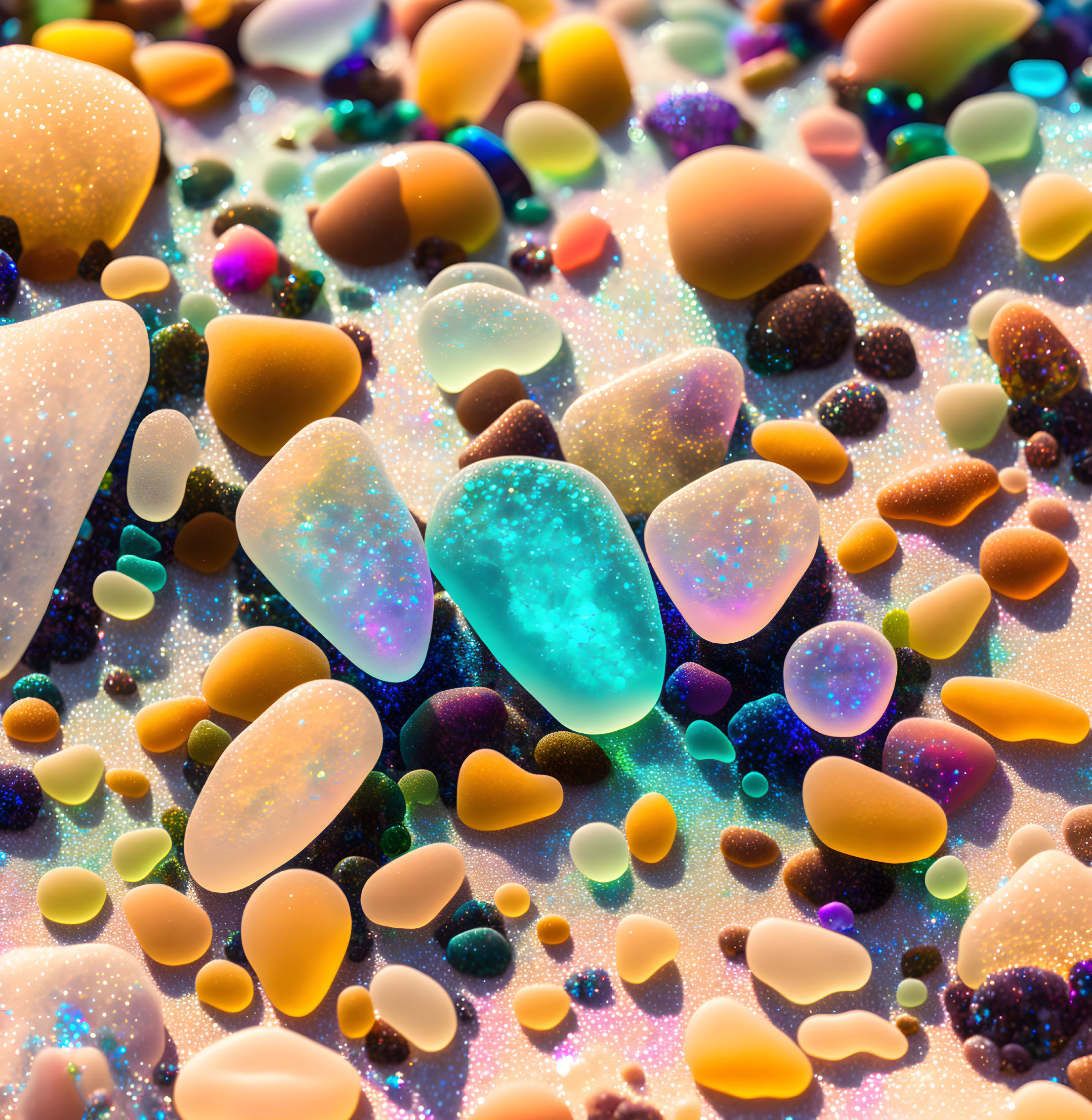 Vibrant Multicolored Translucent Droplets on Reflective Background