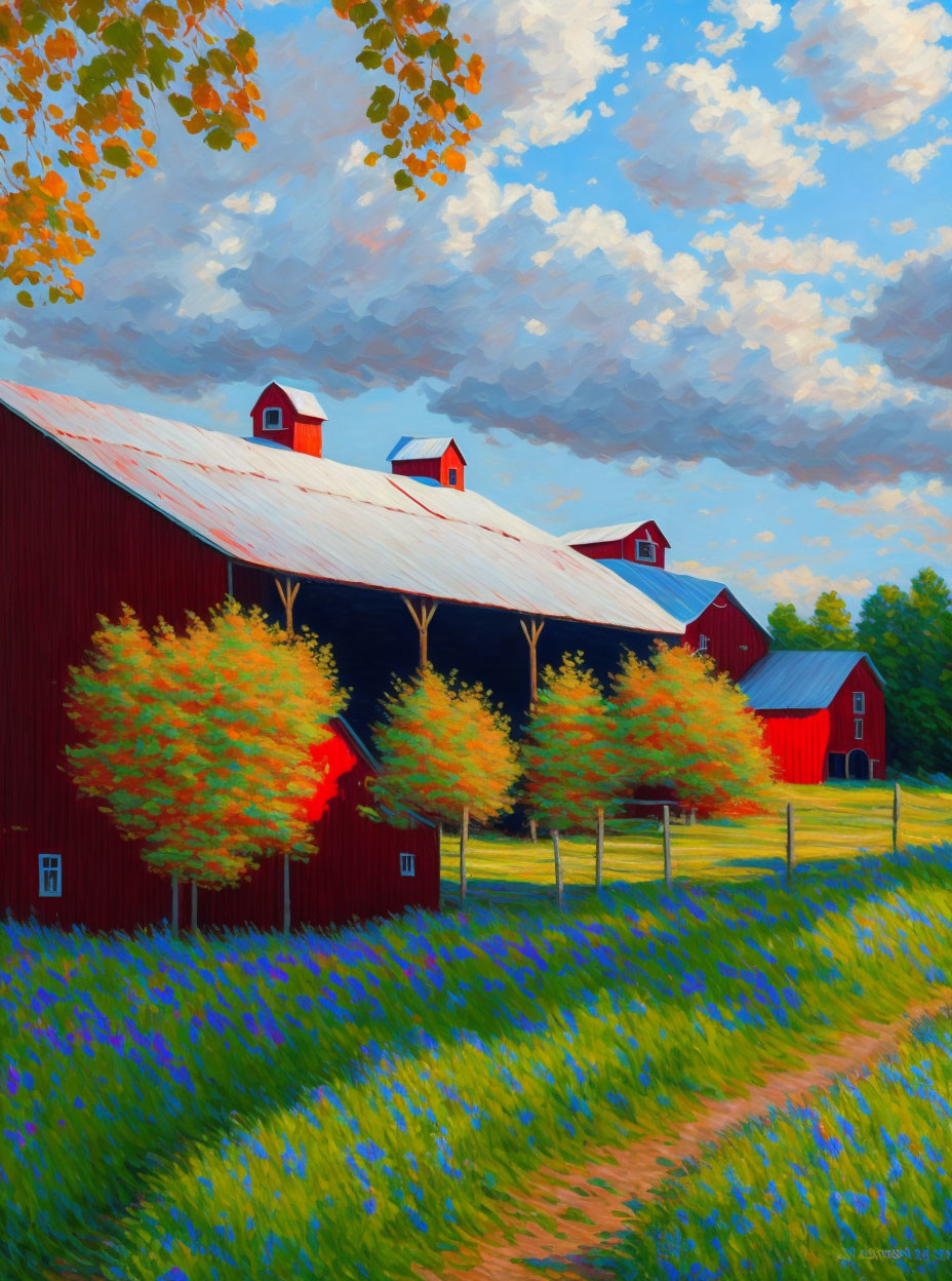 Scenic painting of red barn and autumn trees under blue sky