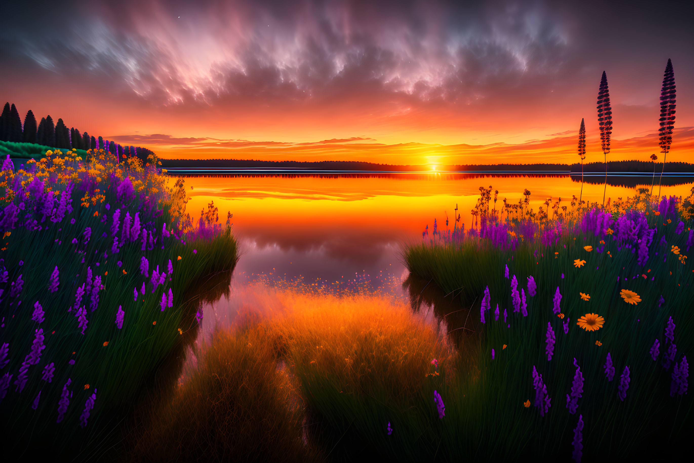 Tranquil lake sunset with vibrant reflections and colorful wildflowers