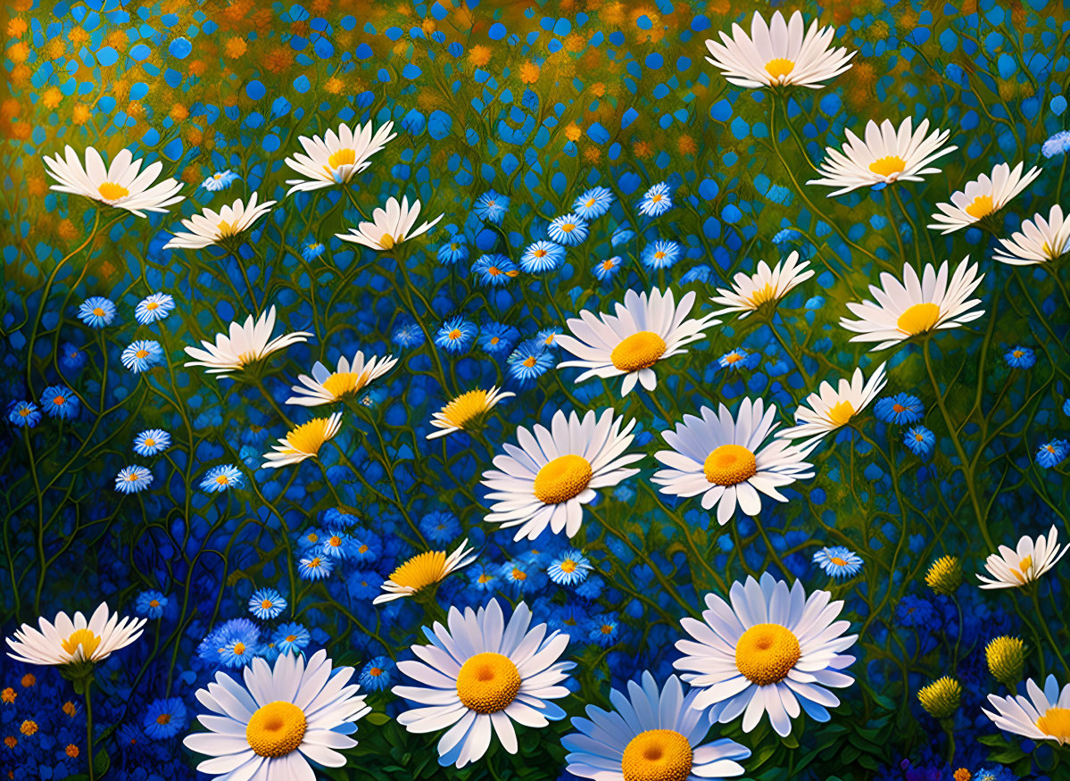 Colorful painting: White and blue flowers on textured blue and orange background