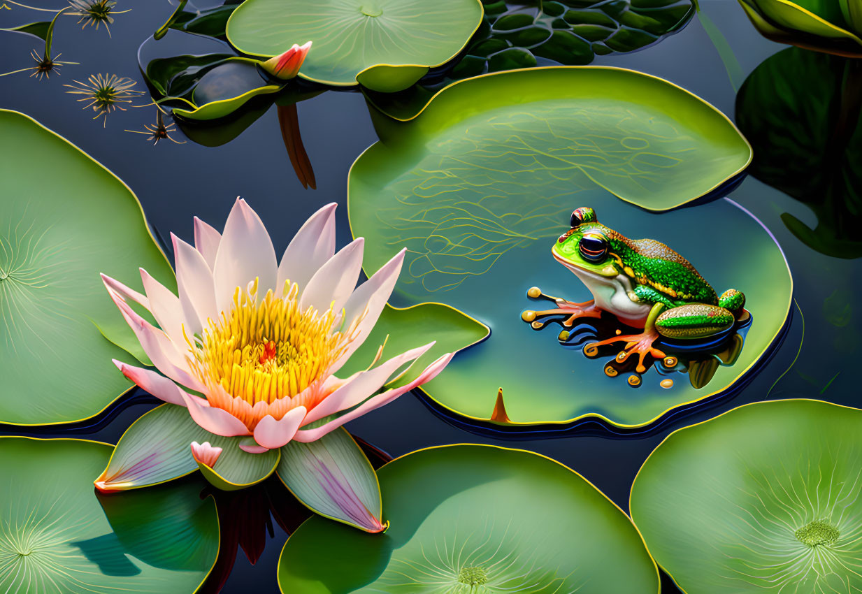 Colorful digital artwork: Green frog on lily pad with pink water lily in serene pond