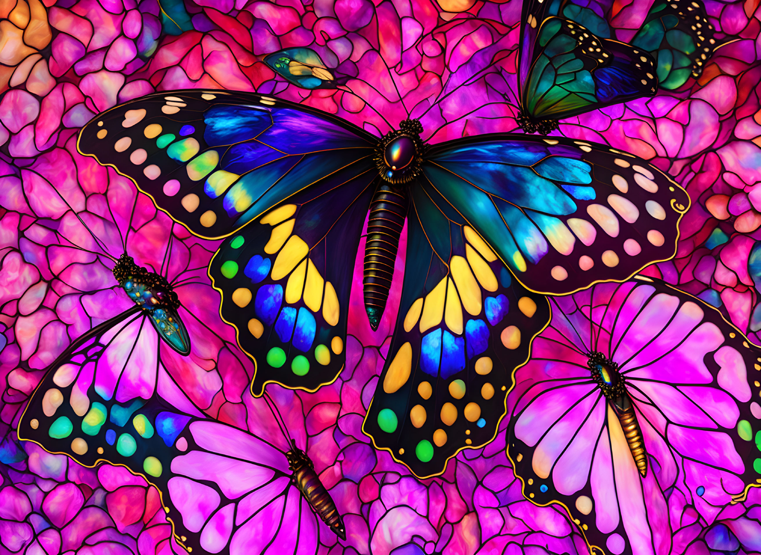 Colorful Butterfly Artwork Against Pink and Purple Mosaic Background