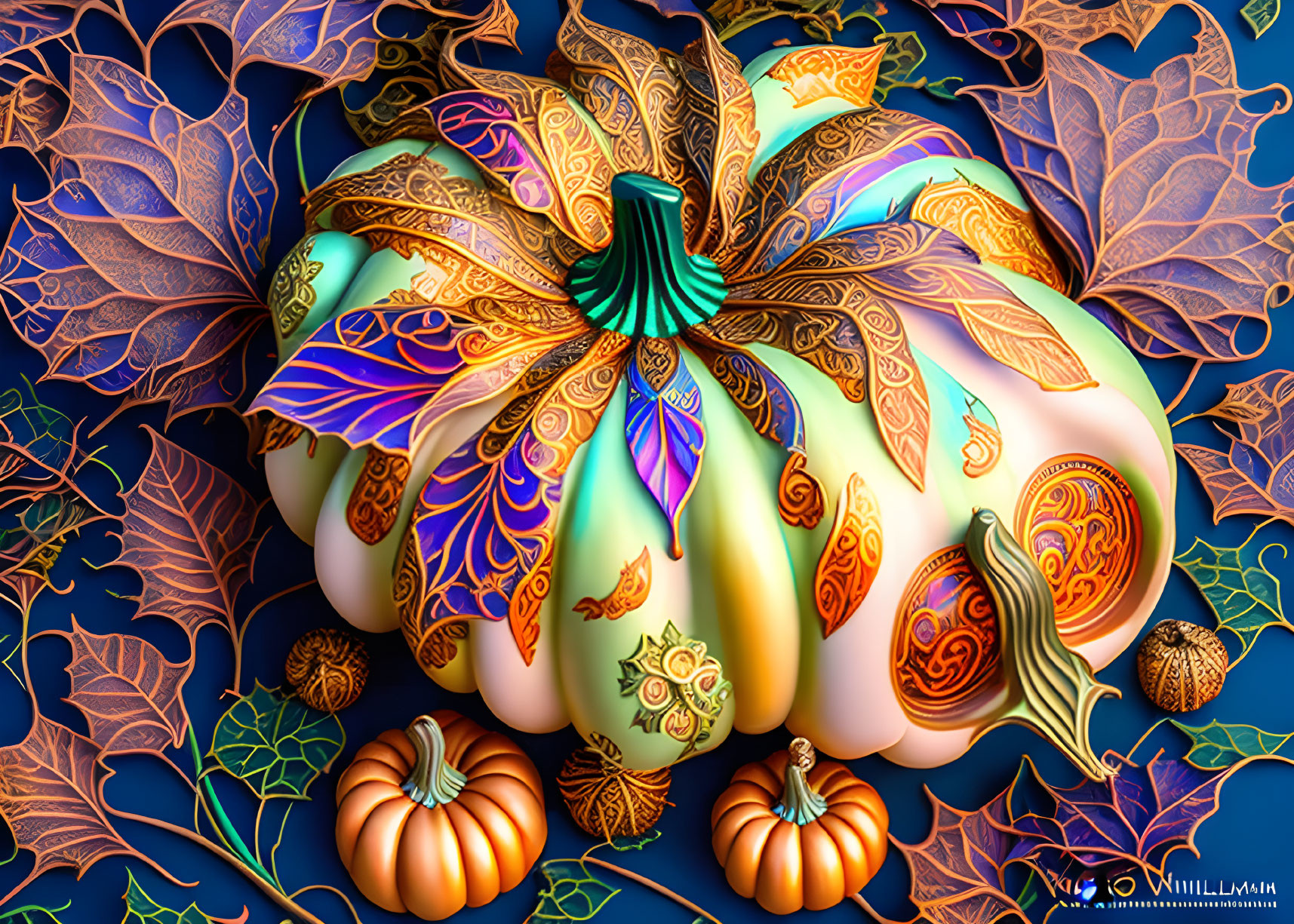 Colorful digital artwork: Decorated pumpkin with gold patterns on blue background