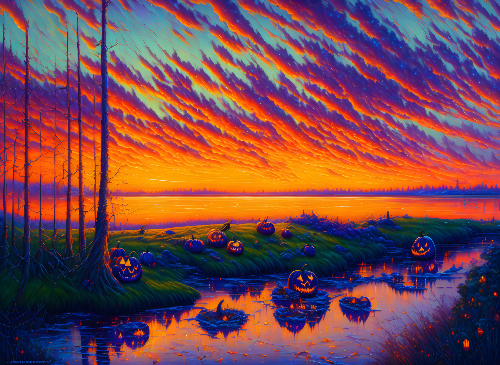 Colorful Halloween sunset artwork with pumpkins by a riverbank