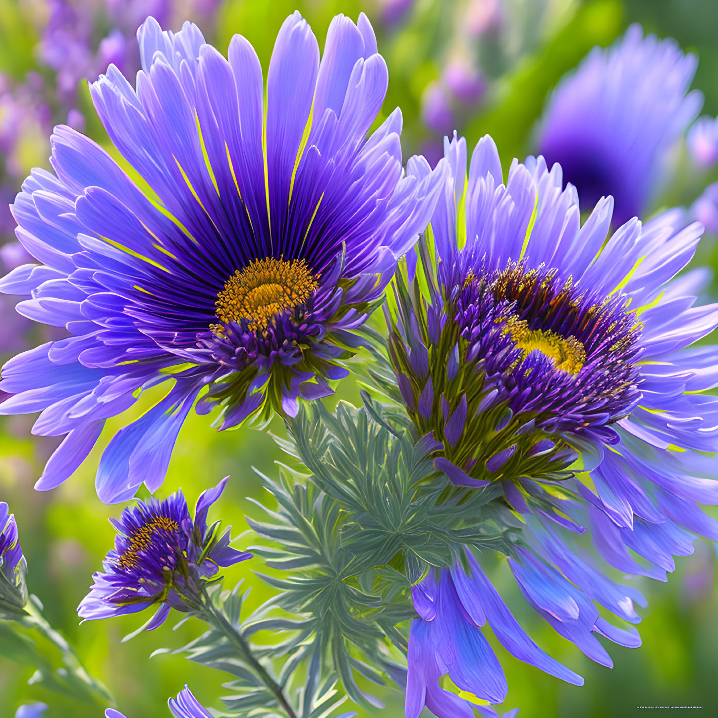 Vibrant Purple Flowers with Yellow Centers in Lush Green Foliage