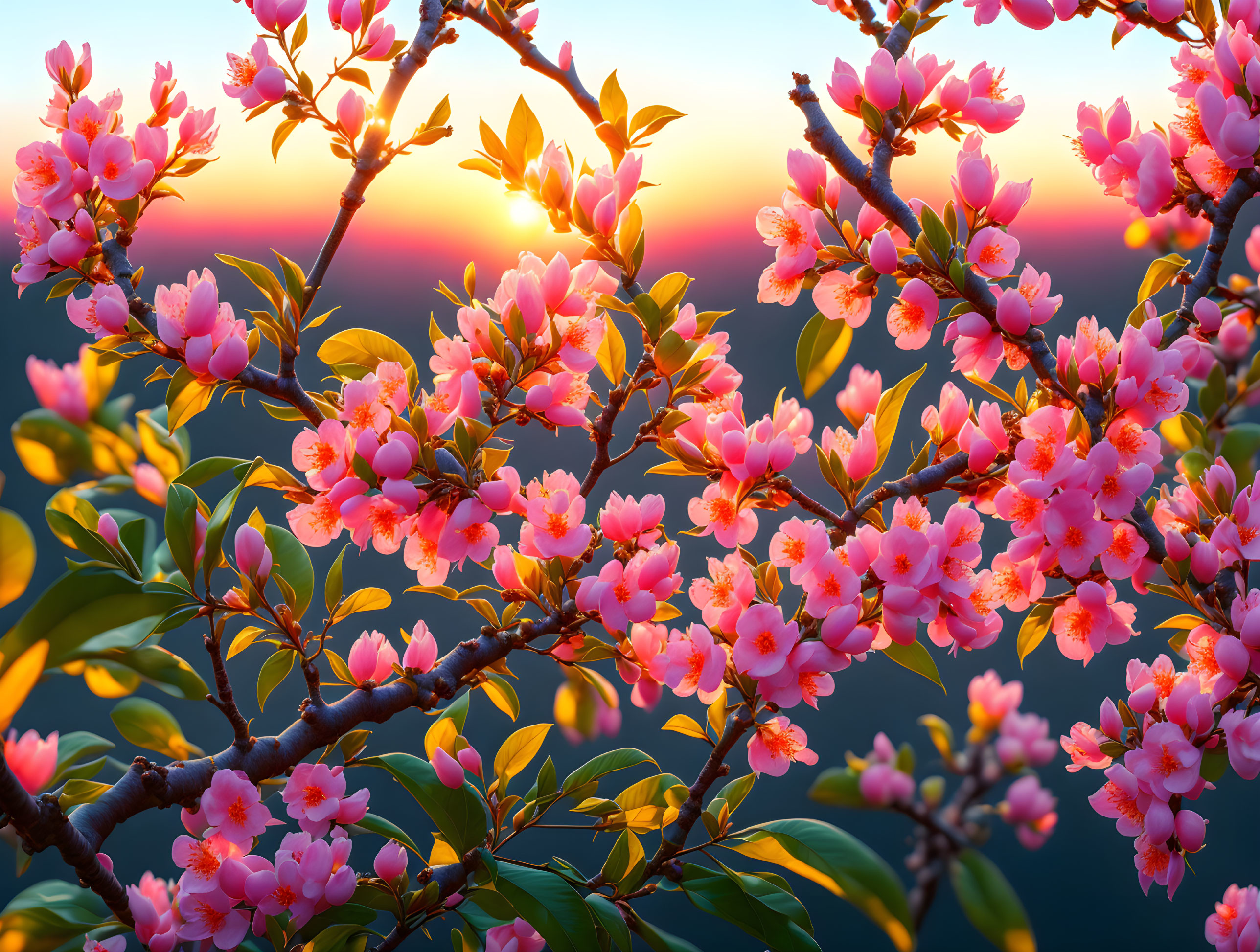 Pink Cherry Blossoms in Sunset Sky with Orange and Blue Hues