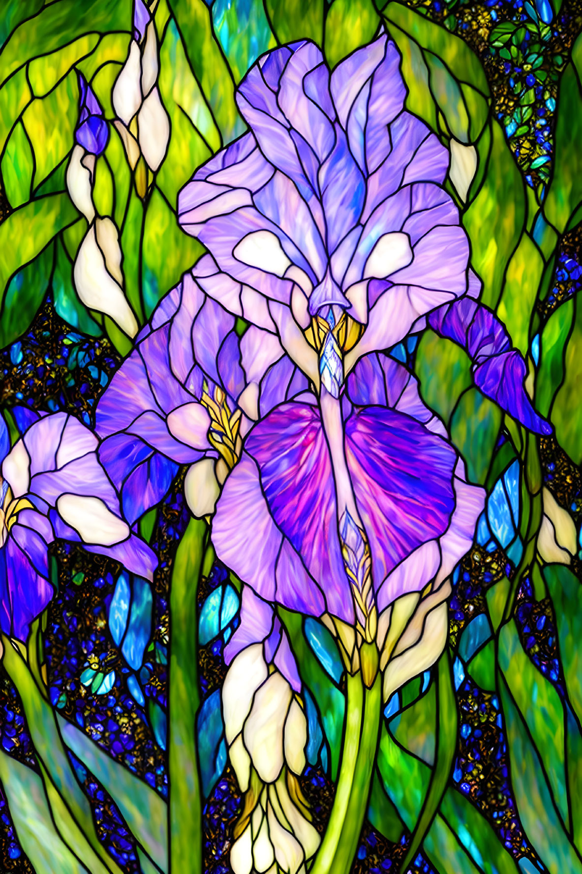 Colorful Stained Glass Artwork with Purple Iris and Floral Mosaic