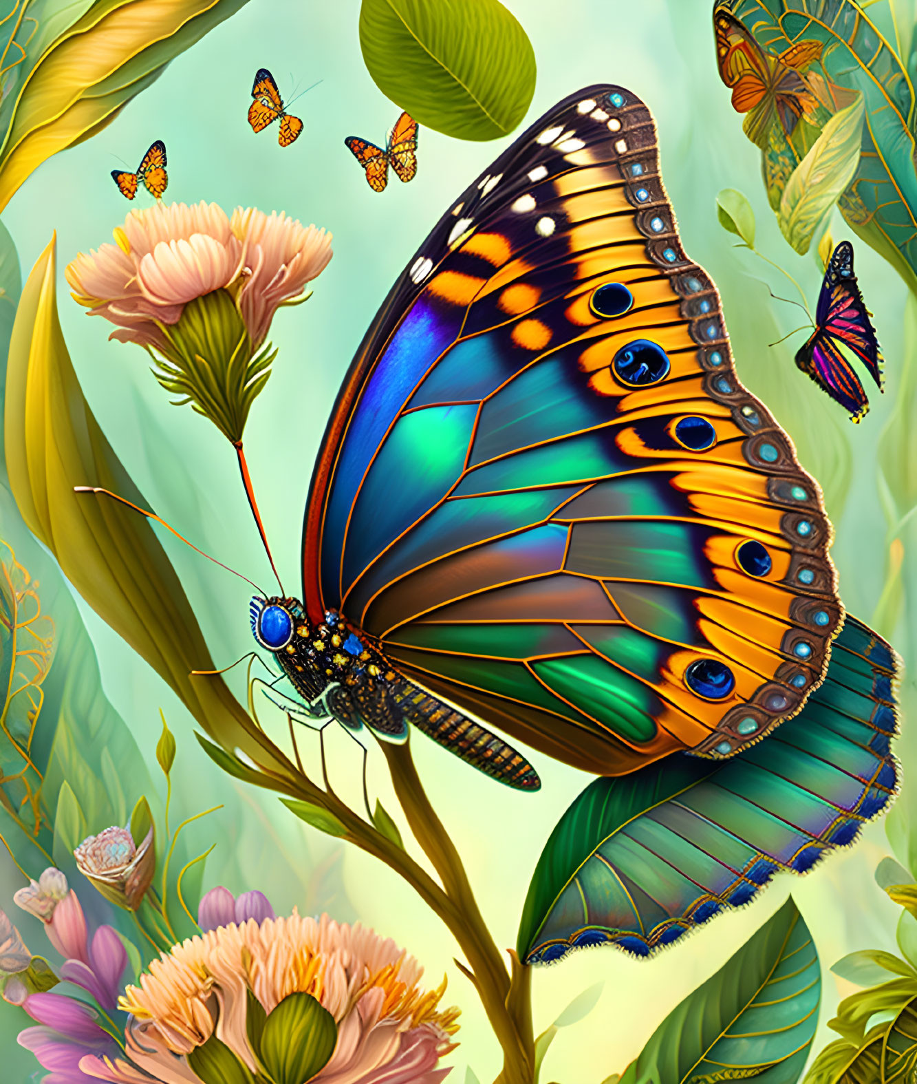 Colorful Butterfly Illustration on Flower with Flora and Blue-Green Background