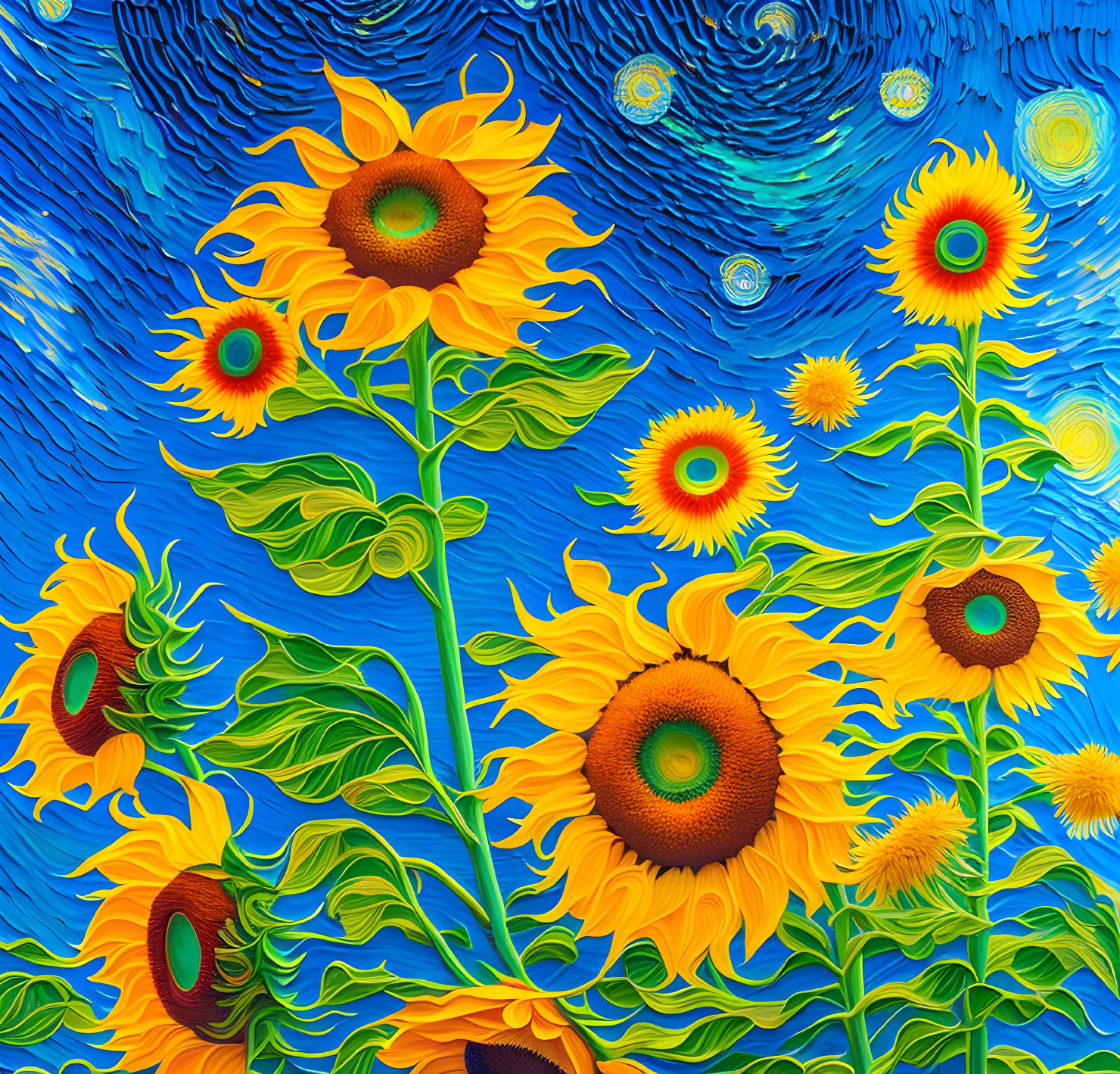 Vibrant sunflowers with twisted green stems on textured blue background