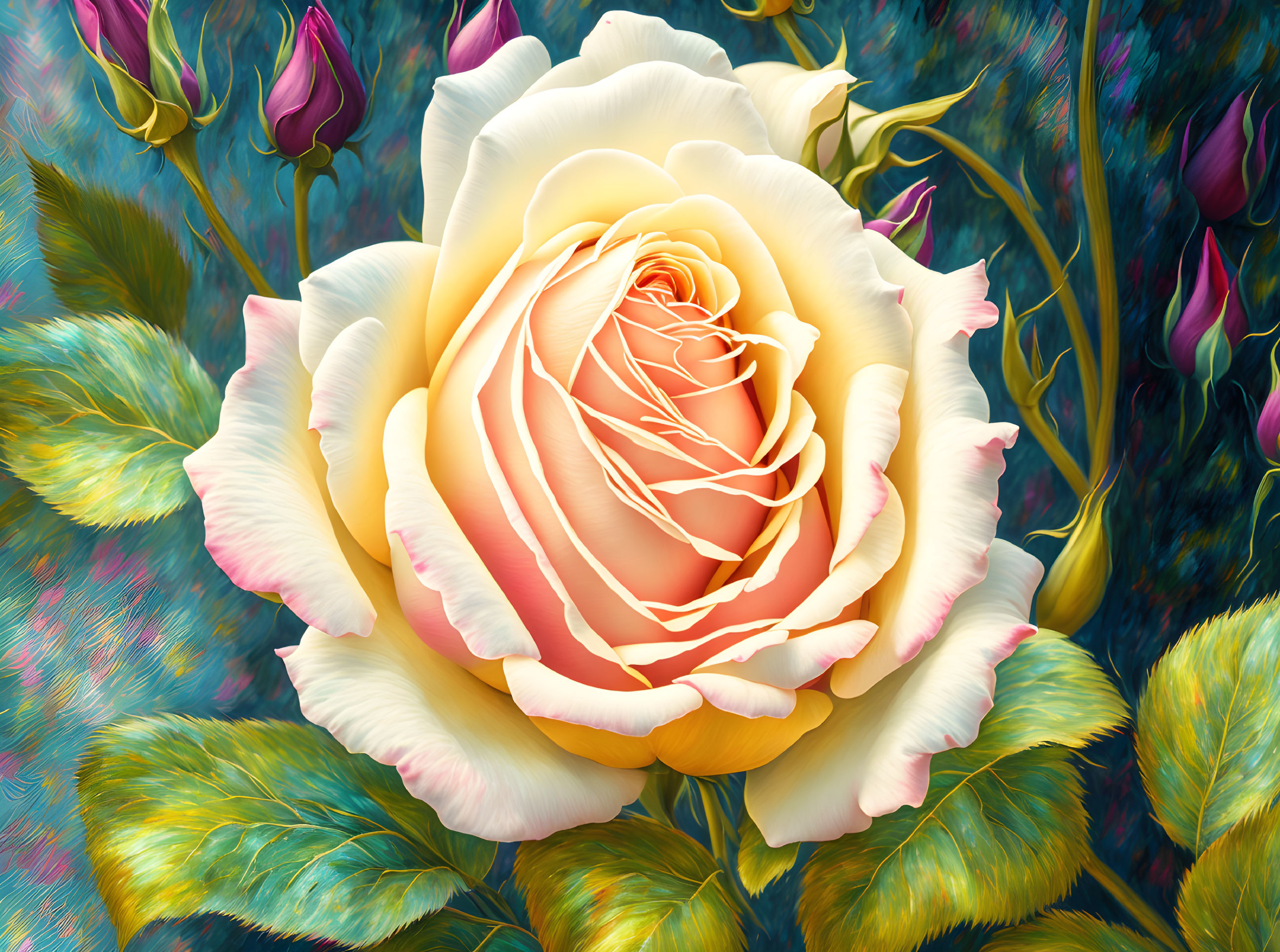 Detailed digital artwork of vibrant yellow rose with blue-green foliage & purple buds