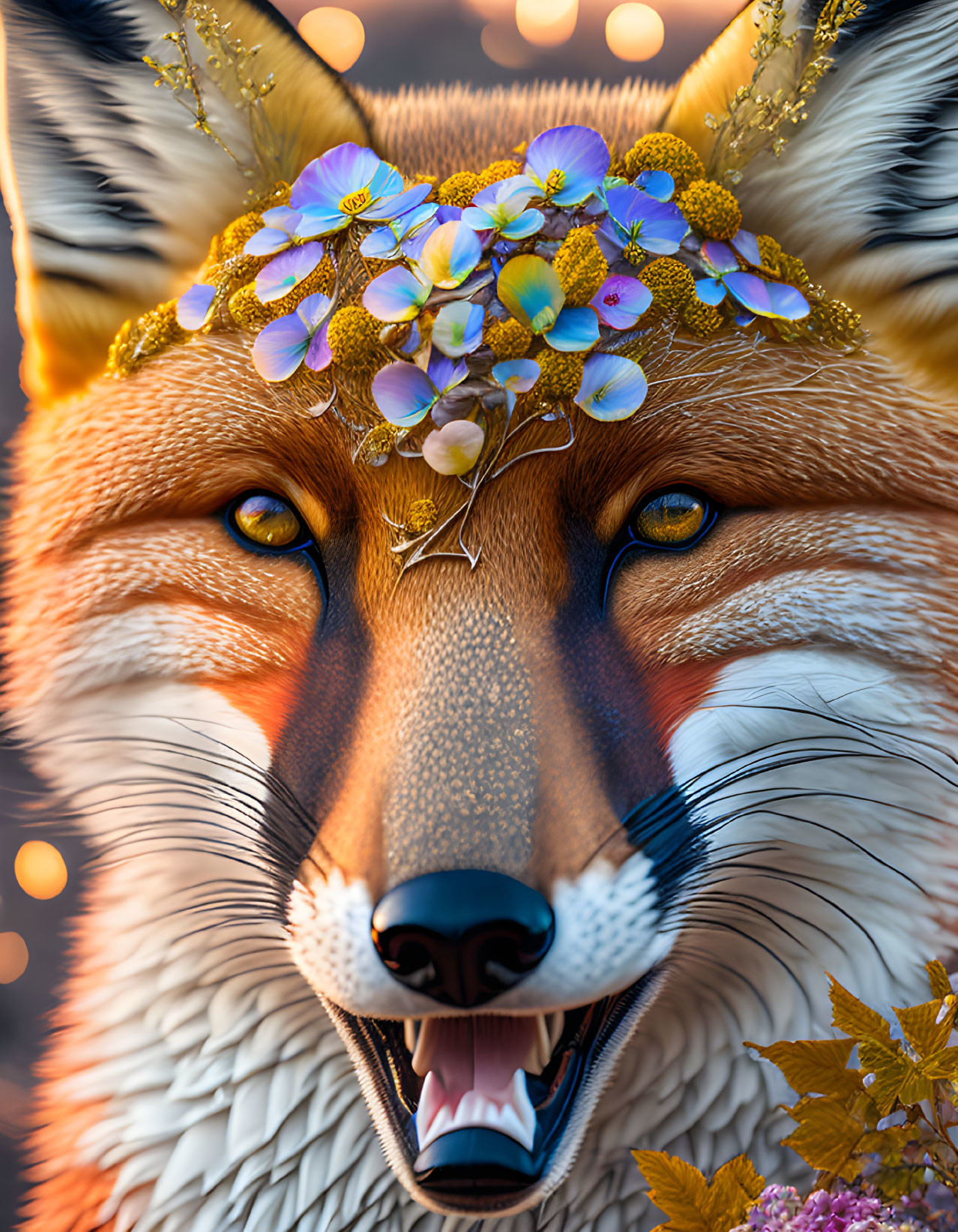 Fox with flower crown in soft focus background