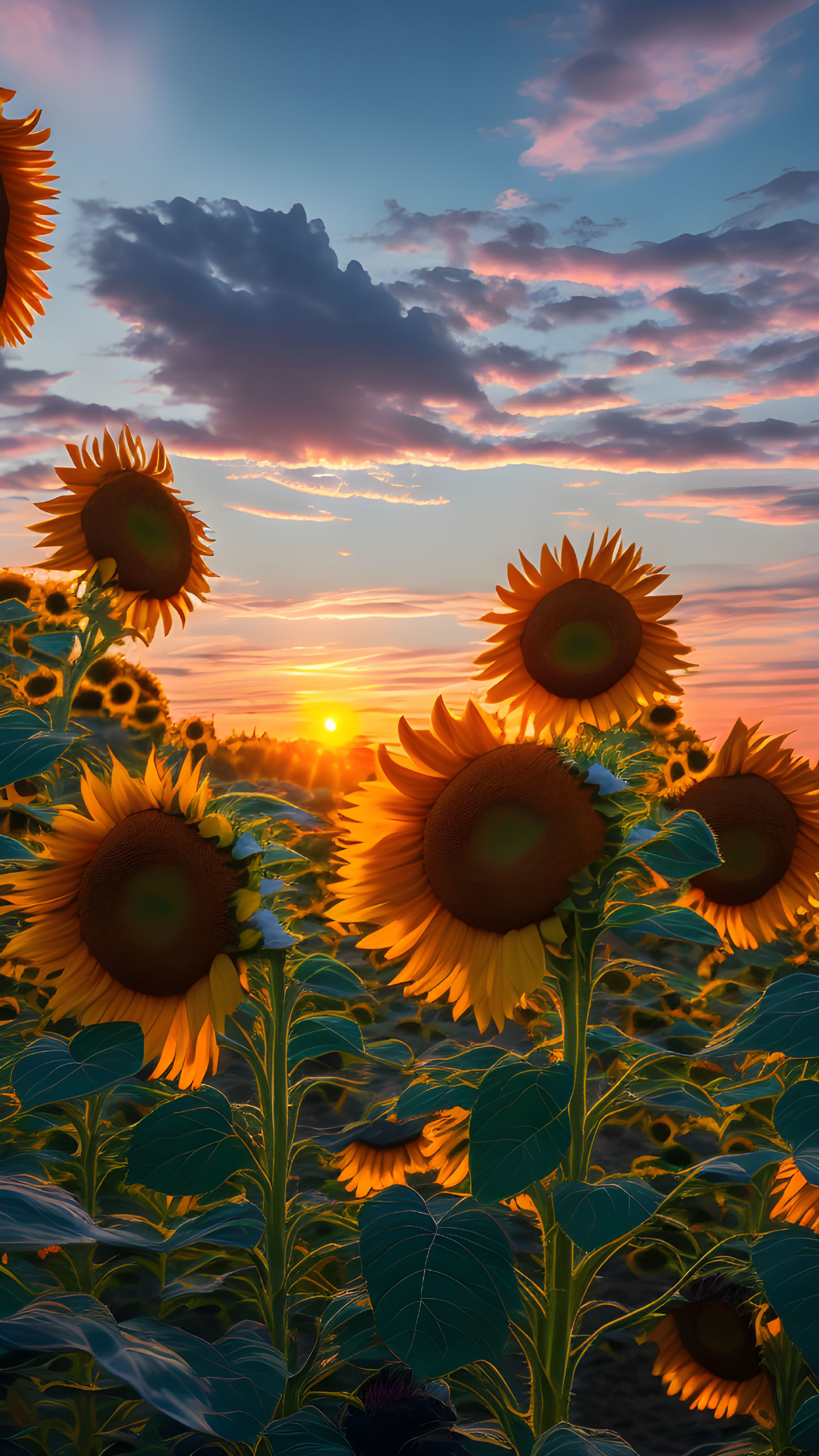 Sunflower field at sunset with orange sky