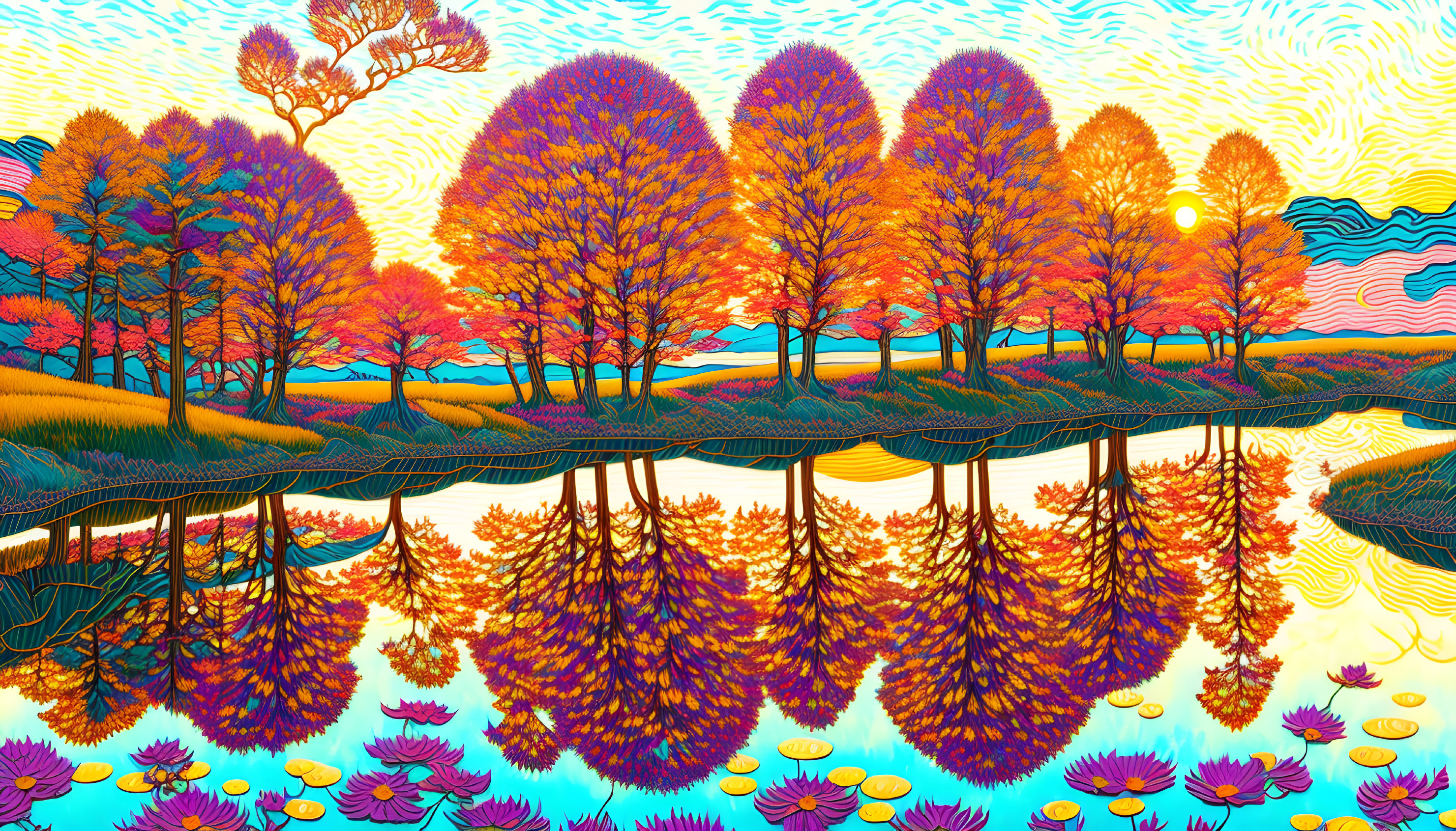 Colorful Landscape with Stylized Trees, Reflecting Lake, and Floating Water Lilies