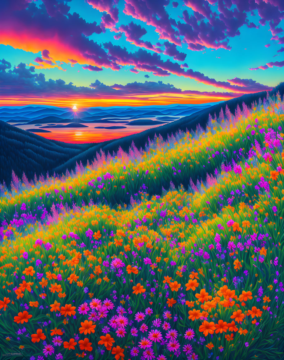 Colorful Sunset Over Rolling Hills and Lake with Wildflowers