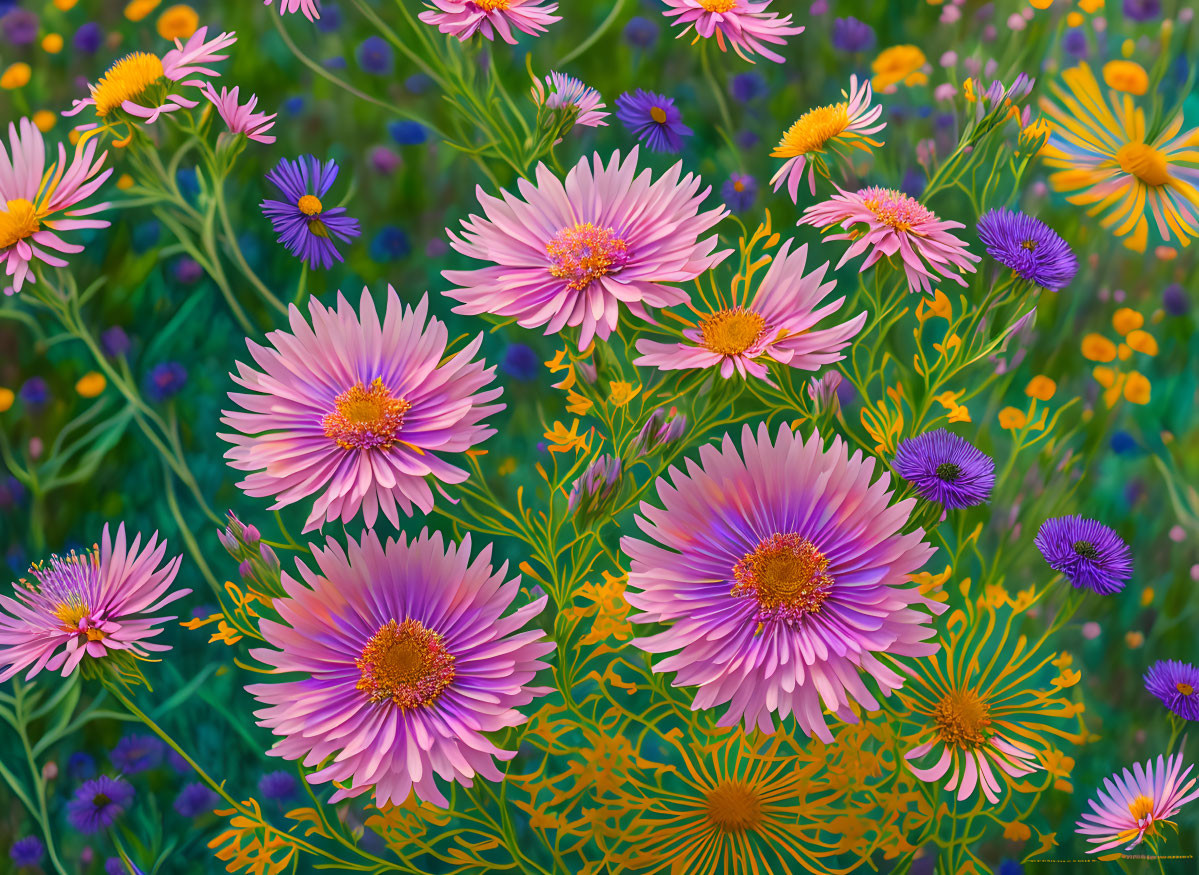 Colorful Wildflower Scene in Purple, Yellow, and Orange Blooms