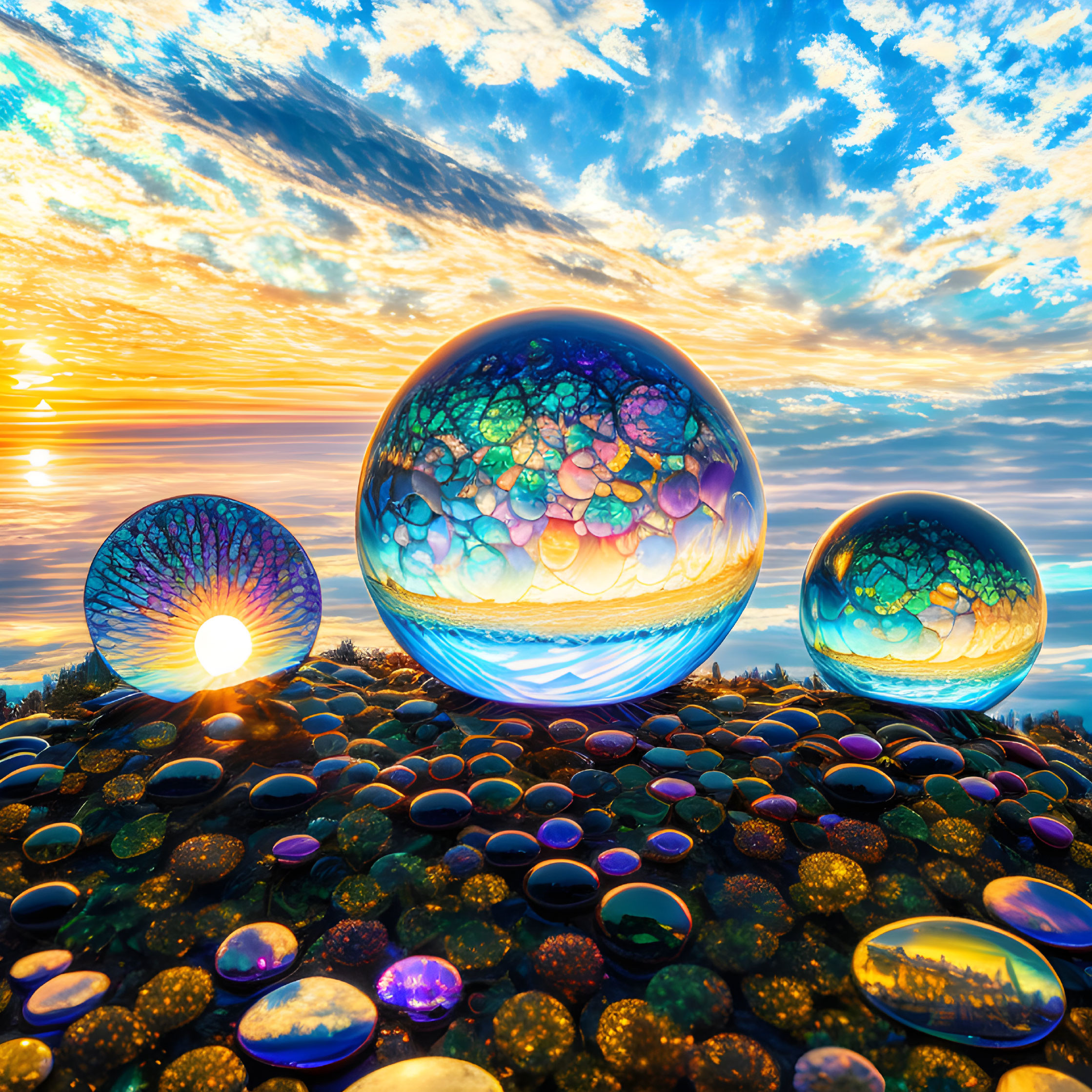 Iridescent Spheres on Colorful Pebbles at Sunset