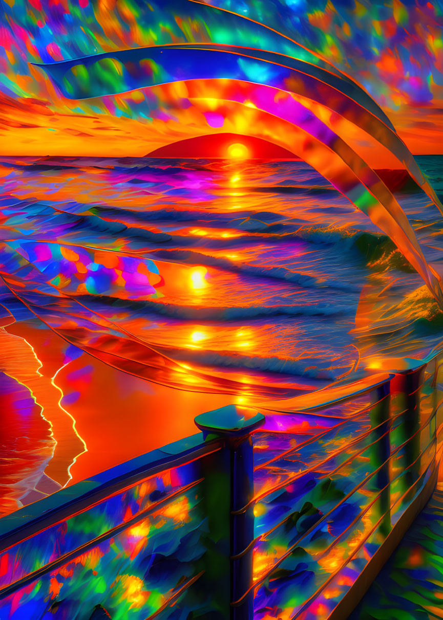 Surreal sunset digital artwork with warped sky and undulating sea