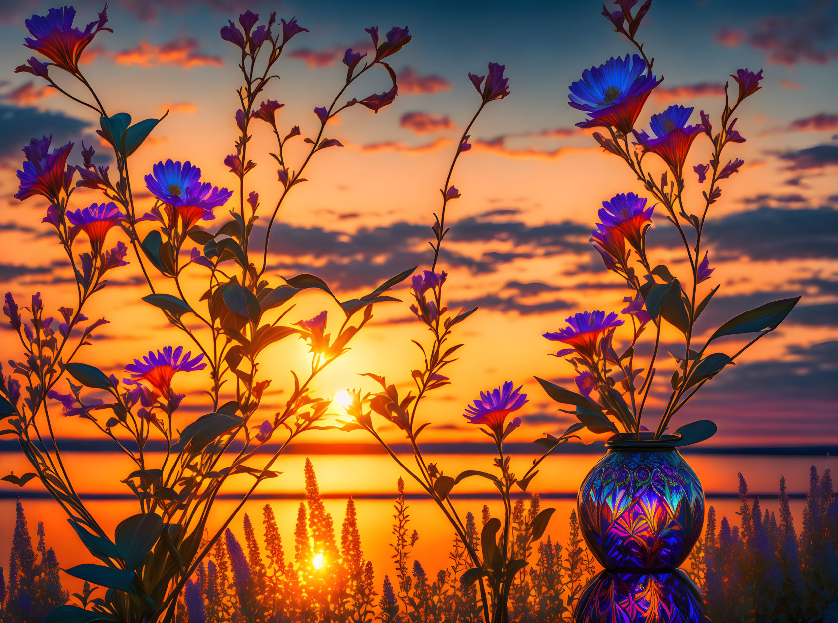 Blue Flowers in Patterned Vase at Sunset Lake