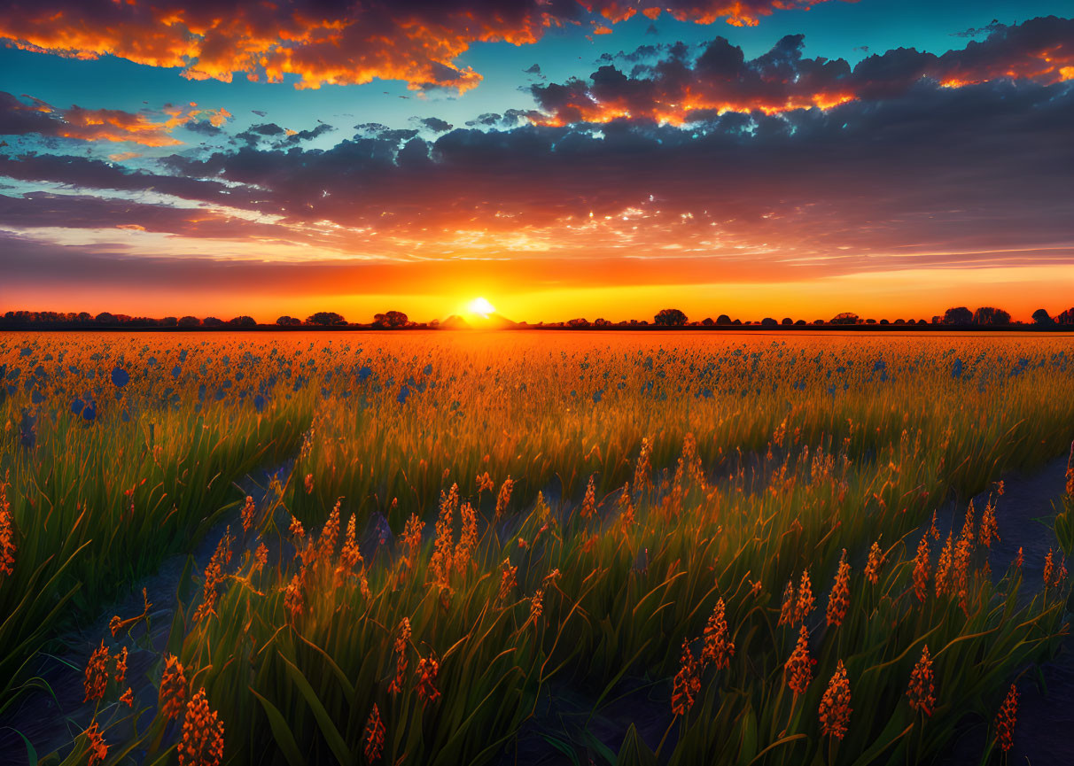 Fiery orange sunset over tall grass and wildflowers