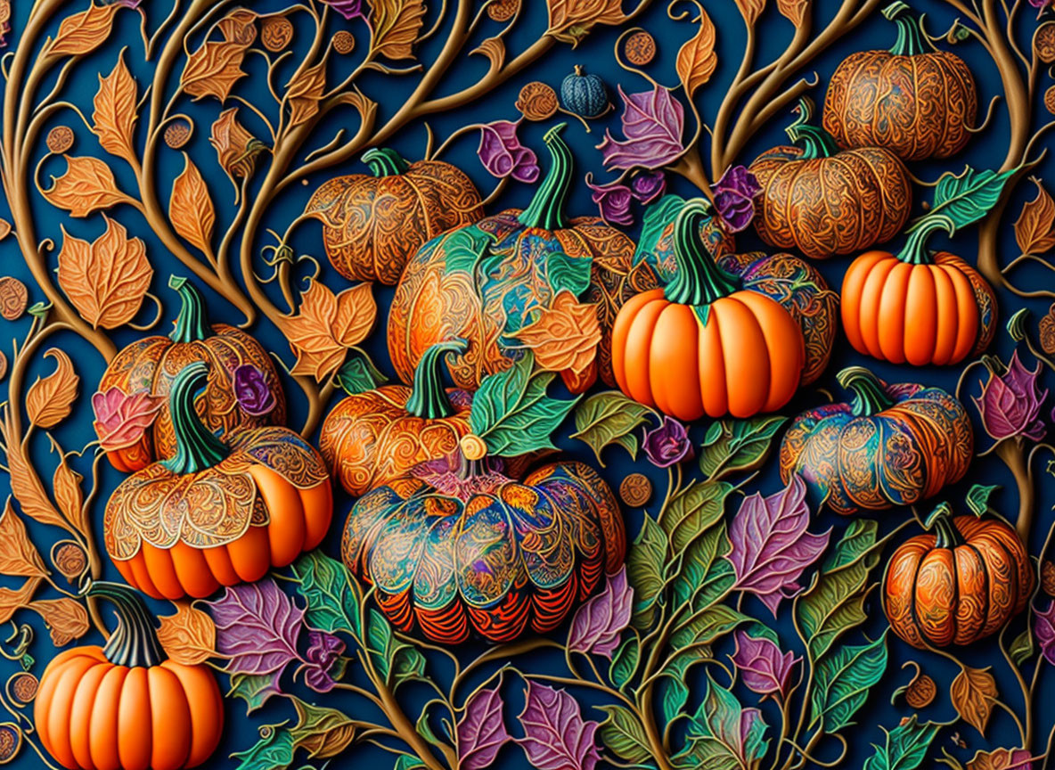 Colorful Pumpkin Patch in Enchanted Autumn Setting