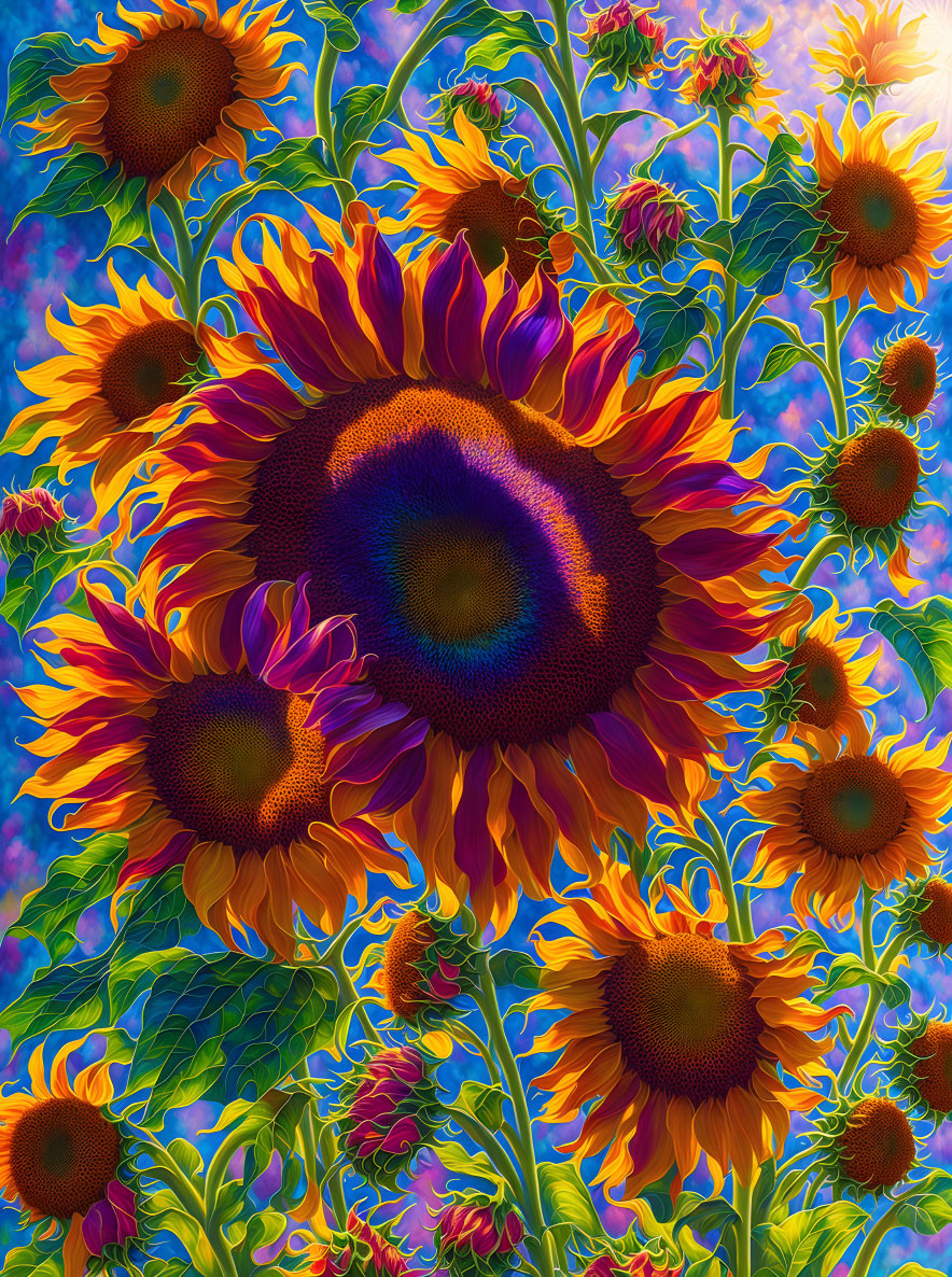 Vivid digital painting of sunflowers in blue sky