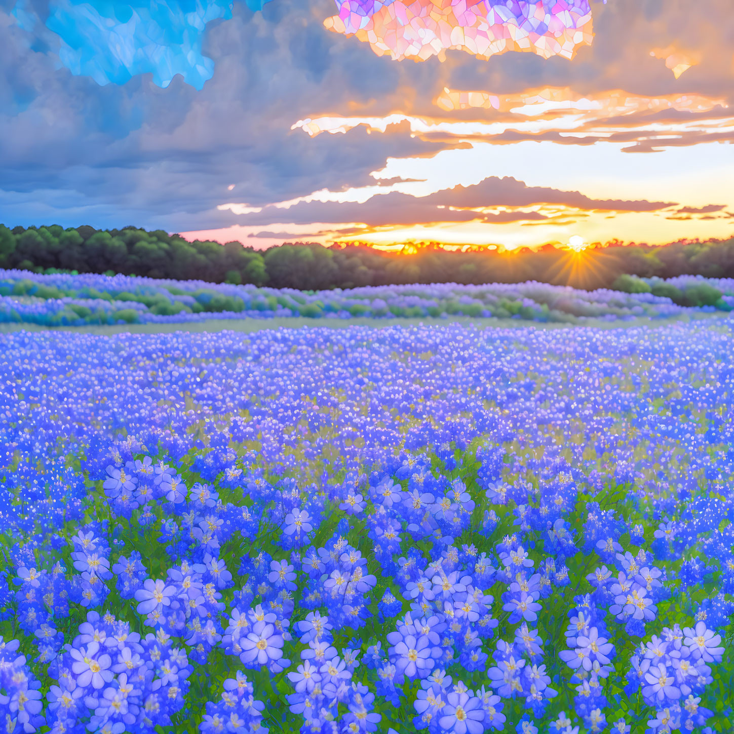 Colorful Sunset Sky Over Vibrant Blue Flower Field