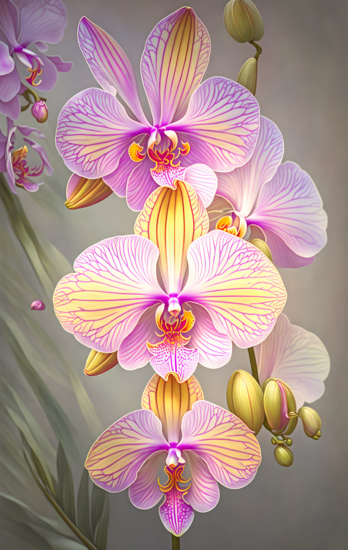 Detailed Pink and Yellow Orchids in Soft-focus Digital Illustration