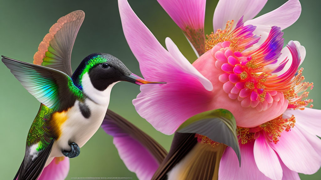 Colorful Hummingbird Feeding Near Pink Flowers