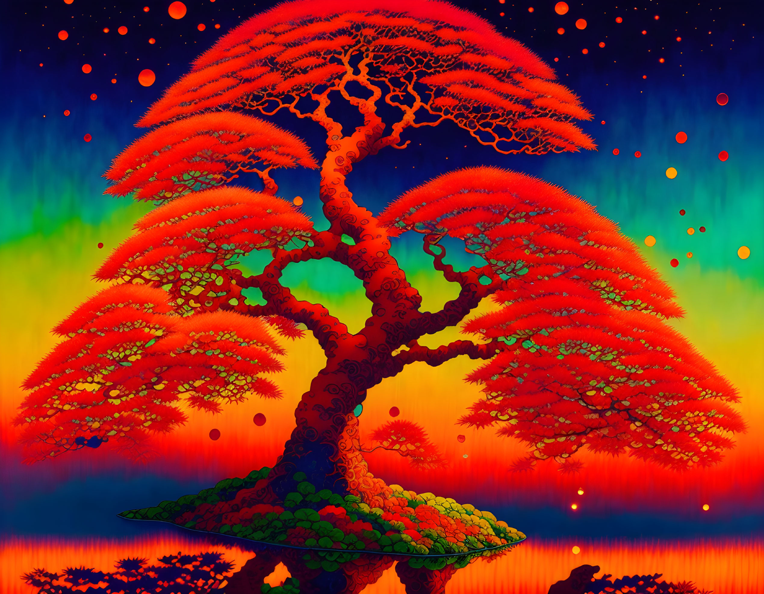 Colorful digital artwork of stylized tree with red and orange canopy under multicolored sky.