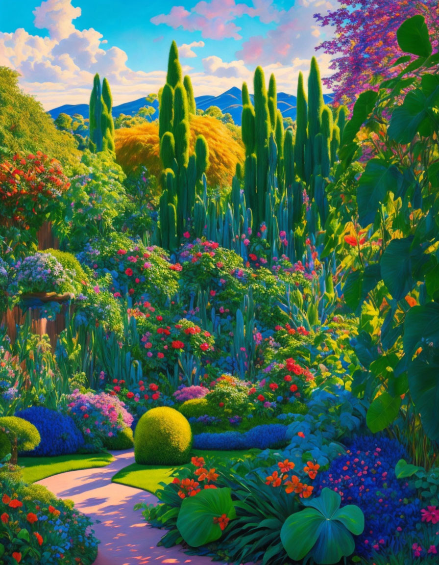 Lush garden scene with stone path, cypresses, colorful flowers, and mountain backdrop