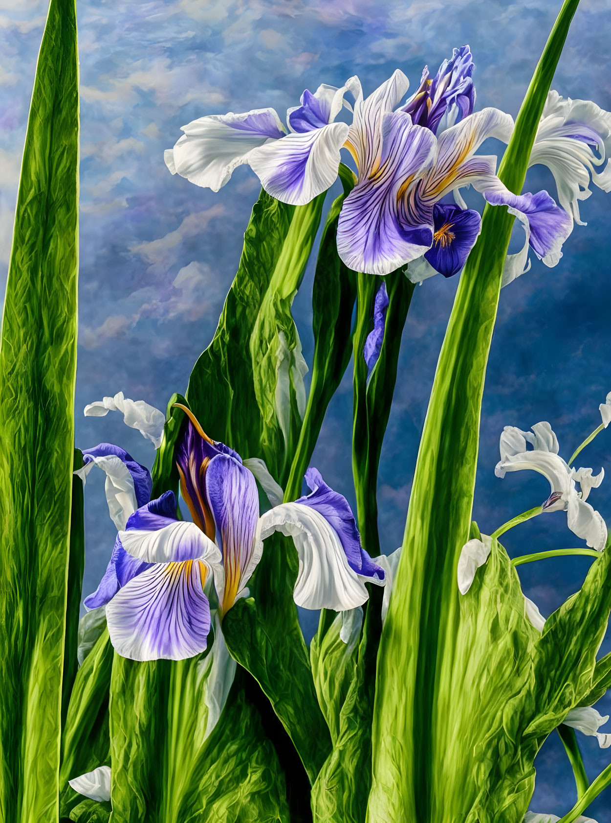 Purple and White Iris Flowers with Green Leaves on Blue Sky Backdrop