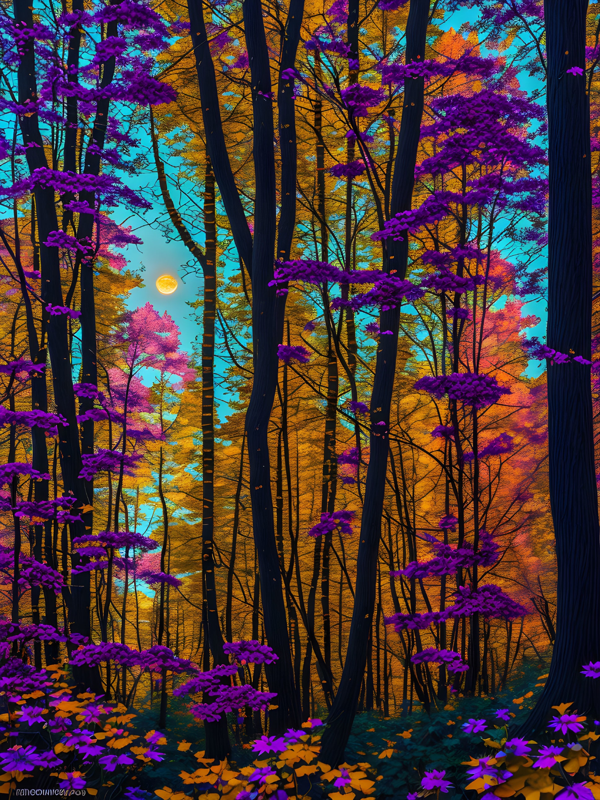 Fantasy forest with purple foliage and glowing moon under twilight sky